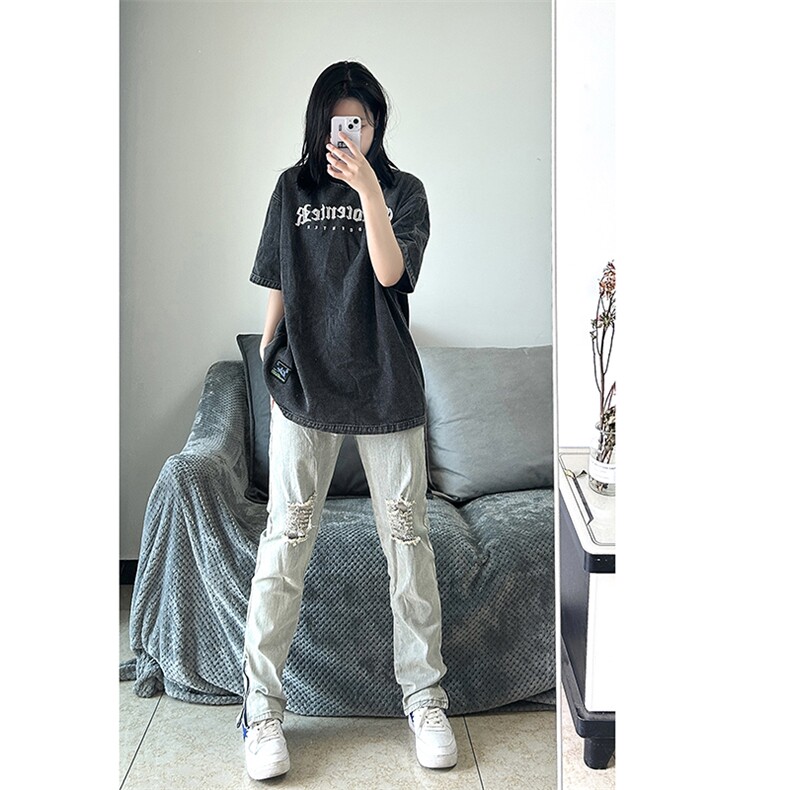 B221美式ins高街暗黑拉链小脚弹力破洞牛仔裤LK23060-P65控88，男装牛仔裤，电商B221