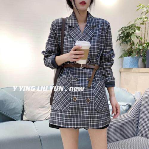 格子双排扣腰带款西装外套，女装西装，迎盈柳韵