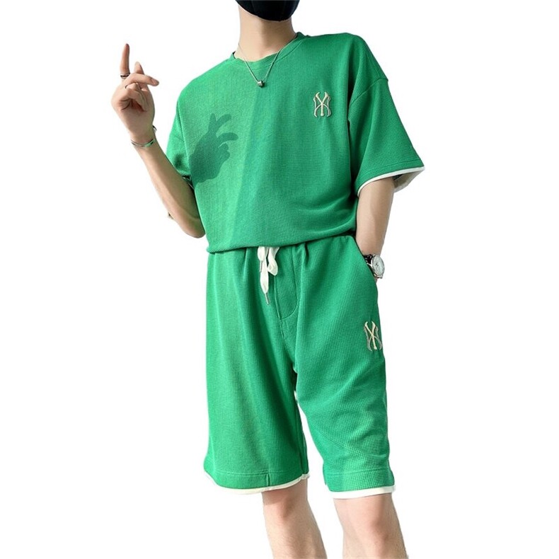 网图7538-P55休闲运动套装男士夏季华夫格短袖短裤搭配男装两件套,男装牛仔裤,电商D310B-1