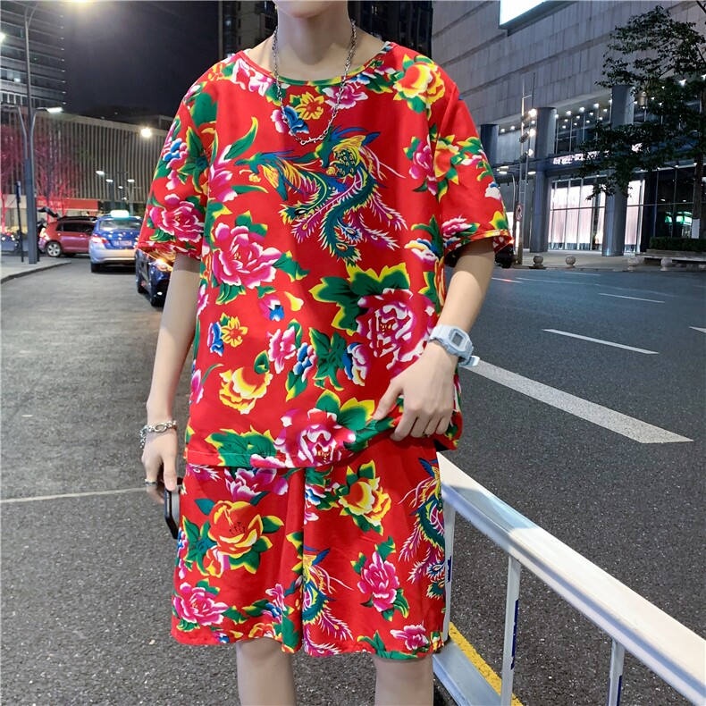 TZ203男女休闲东北大花短袖圆领T恤衫短裤可套装单选团队服风,男装休闲套装,星座115A(原星座507）