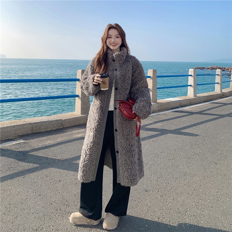 新款现货款号7758烟灰色皮毛一体P235K328,女装毛呢外套,2D043