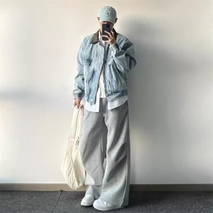 美式复古水洗做旧拼接翻领牛仔外套女2025早春浅蓝色夹克上衣图片