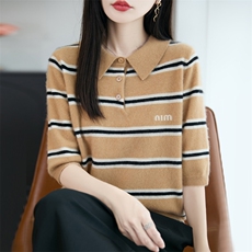 早秋纯羊毛衫女POLO领五分袖内搭秋冬新款翻领条纹简约设计毛衣，女装羊毛衫，大美人包芯纱店