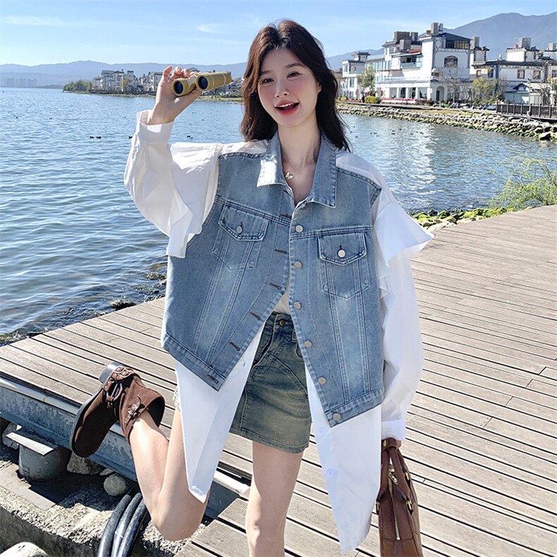 氧气感米白色撞色牛仔拼接衬衫外套女2025新款爆款春秋流行穿搭，女装衬衫，维壹