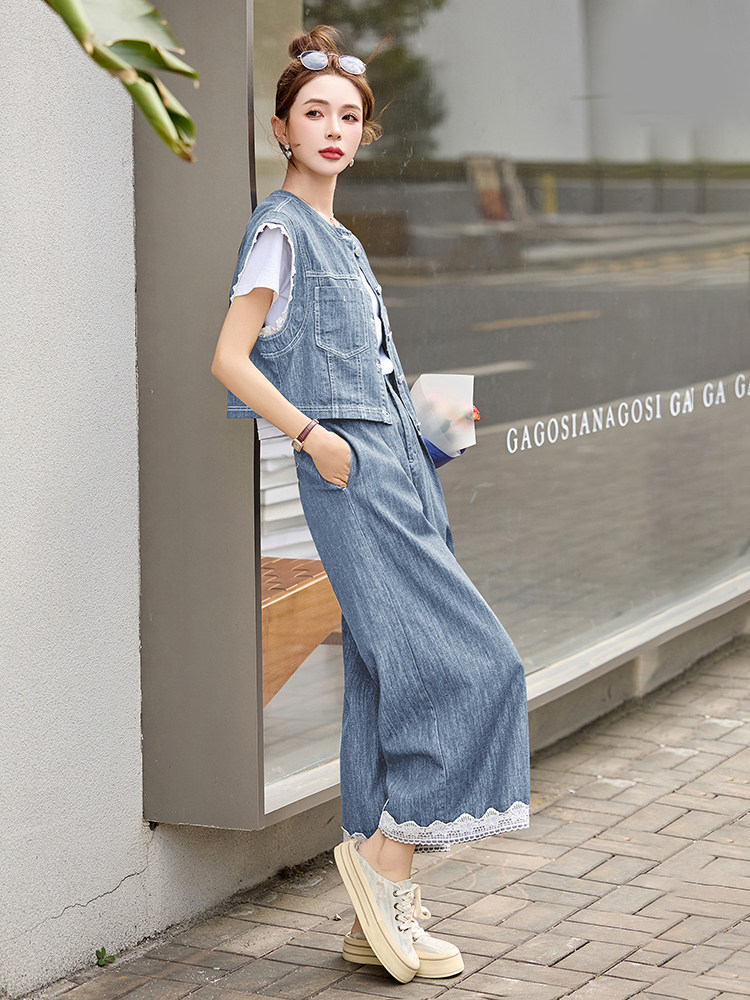 牛仔套装女2025夏季新款韩系小香风蕾丝无袖背心九分裤穿搭一整套,女装套装/套裙,贵人树
