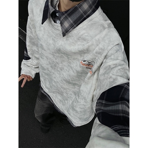 现货WY10095-P58 加绒P68扎染撞色拼接格子假两件卫衣图片