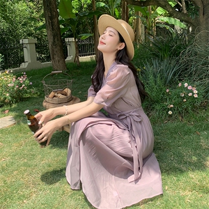 紫色轻熟风V领收腰显瘦连衣裙女2023夏季新款法式气质感桔梗长裙图片