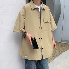 港风短袖衬衫男夏季潮牌痞帅气白色五分半袖上衣工装衬衣，男装衬衫，星座716-4