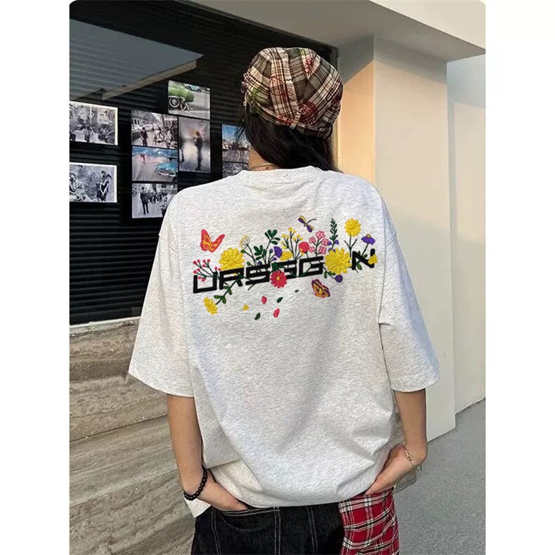 网图有货 美式潮牌刺绣花卉短袖T恤男女宽松情侣装上衣 A443-P32图片