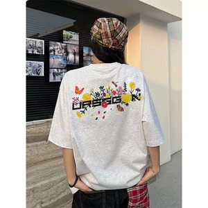 网图有货 美式潮牌刺绣花卉短袖T恤男女宽松情侣装上衣 A443-P32图片