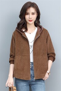 长期大货现货，春装新款连帽灯芯绒休闲女装长袖棉短外套上衣女图片