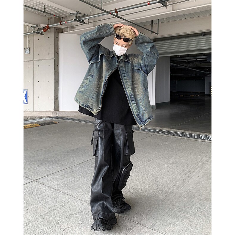美式复古水洗黄泥染蓝色立领牛仔夹克男痞帅宽松拉链外套上衣潮,男装夹克,星座601-2
