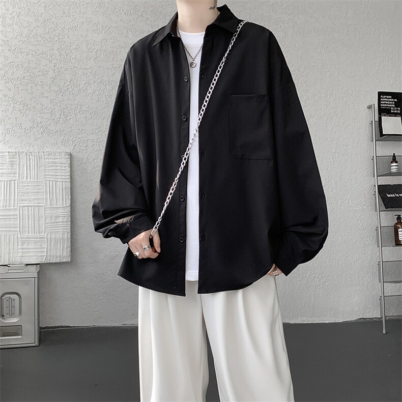 衬衫男秋季新款港风宽松纯色口袋款长袖衬衣CS151-P30，男装衬衫，星座214-3
