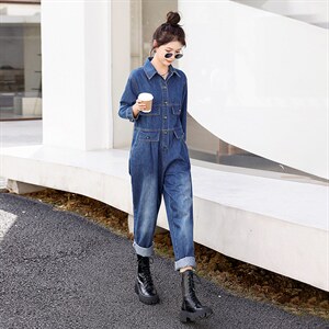 时尚显瘦牛仔连体裤女宽松高腰长袖休闲工装裤百搭气质女装，女装连体裤，秋水欣儿