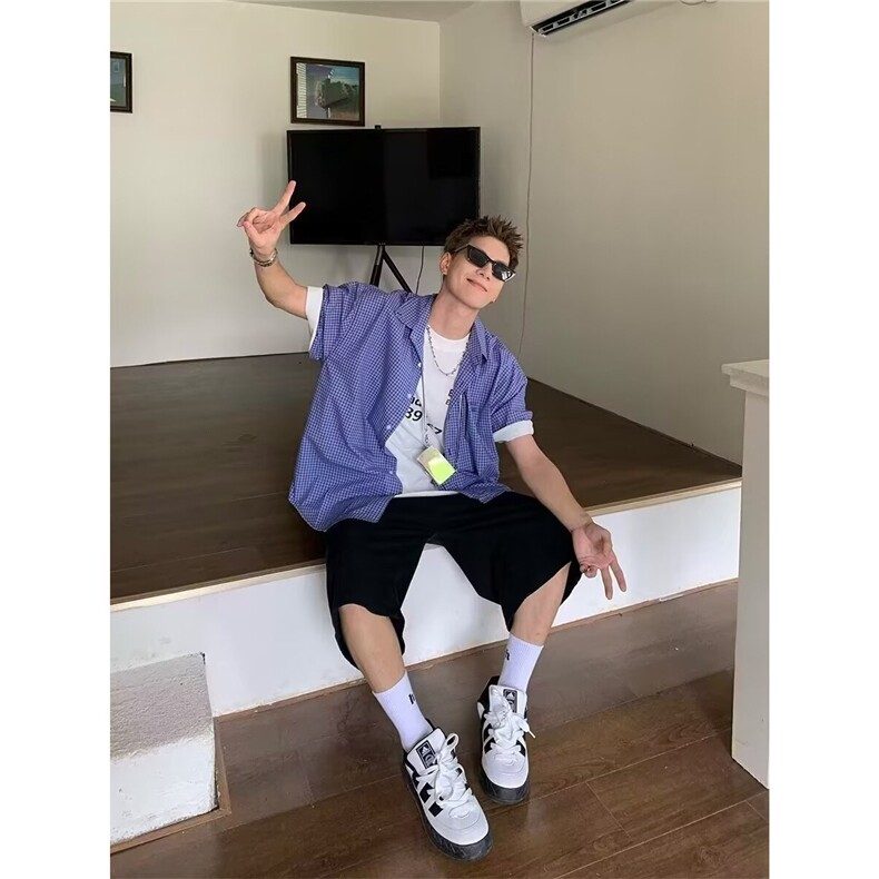 美式复古蓝色格子短袖衬衫宽松休闲高级感百搭叠穿衬衣外套C5248,男装T恤,星座208-5