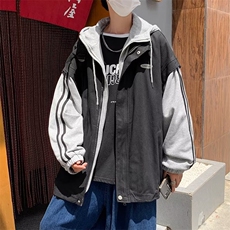 双层假两件拼接连帽外套男ins港风炸街痞帅宽松工装夹克W4537-P58，男装夹克，星座412-3