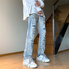 浅蓝破洞牛仔裤美式复古高街裤子vintage水洗做旧拉链窄版直筒裤，男装牛仔裤，星座601-2