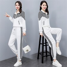 运动套装女2022新款洋气网红炸街休闲时尚棋盘格加绒卫衣两件套，女装套装/套裙，曼娅璐