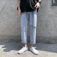 港风刀割破洞牛仔裤男九分裤韩版宽松直筒裤子NK86/P50，男装牛仔裤，电商D202