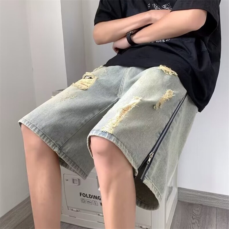 破洞牛仔短裤男潮牌宽松休闲复古美式大码乞丐五分裤夏季薄款中裤,男装牛仔裤,星座1013