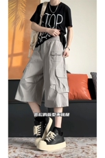 卡其色工装七分裤男款夏季美式褶皱小众设计感vibe机能风运动短裤，男装牛仔裤，电商A102