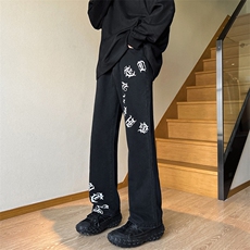 现货秋冬美式微喇叭vibe梵文牛仔裤嘻哈宽松百搭休闲裤男K606-P35，男装牛仔裤，星座205