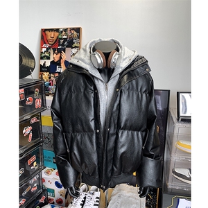 405A  美式高街个性连帽设计假两件pu皮棉服   MY24920-P158控188图片