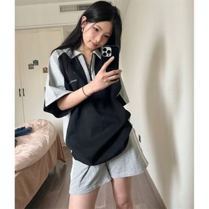 现货美式学院风T恤夏季撞色拼接polo衫短袖男宽松潮牌PLY299-P30,粉色外套搭配碎花裙图片