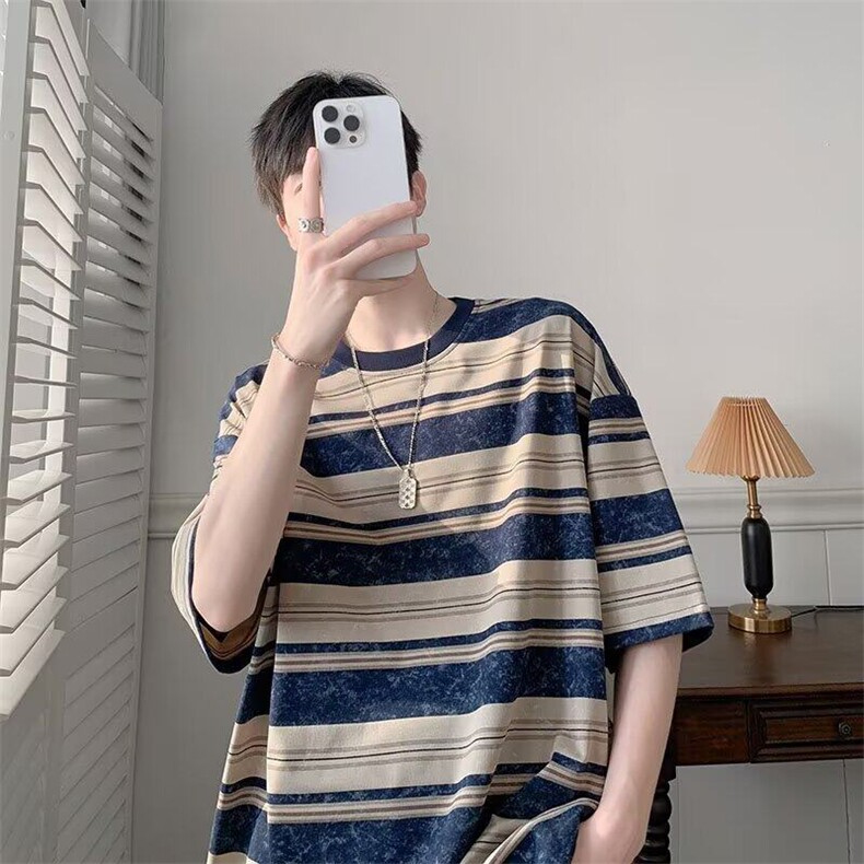 C538P35美式高街潮牌条纹撞色纯棉短袖T恤女夏季宽松百搭,男装T恤,星座512-6
