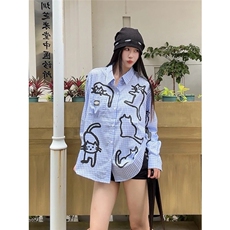 网图蓝色格子长袖衬衫女秋季新款小众宽松猫咪印花上衣B04-特P45，男装衬衫，星座910-1