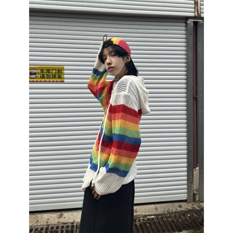 【有货】彩虹镂空连帽针织开衫男女罩衫情侣衬衫外套2401CC-特P48,男装衬衫,星座1007（原301D）