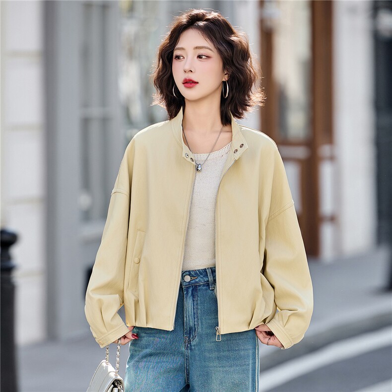 2026春季新款现货小个子洋气立领浅色皮衣短外套百搭宽松夹克,女装短外套,英标秀（1C119）