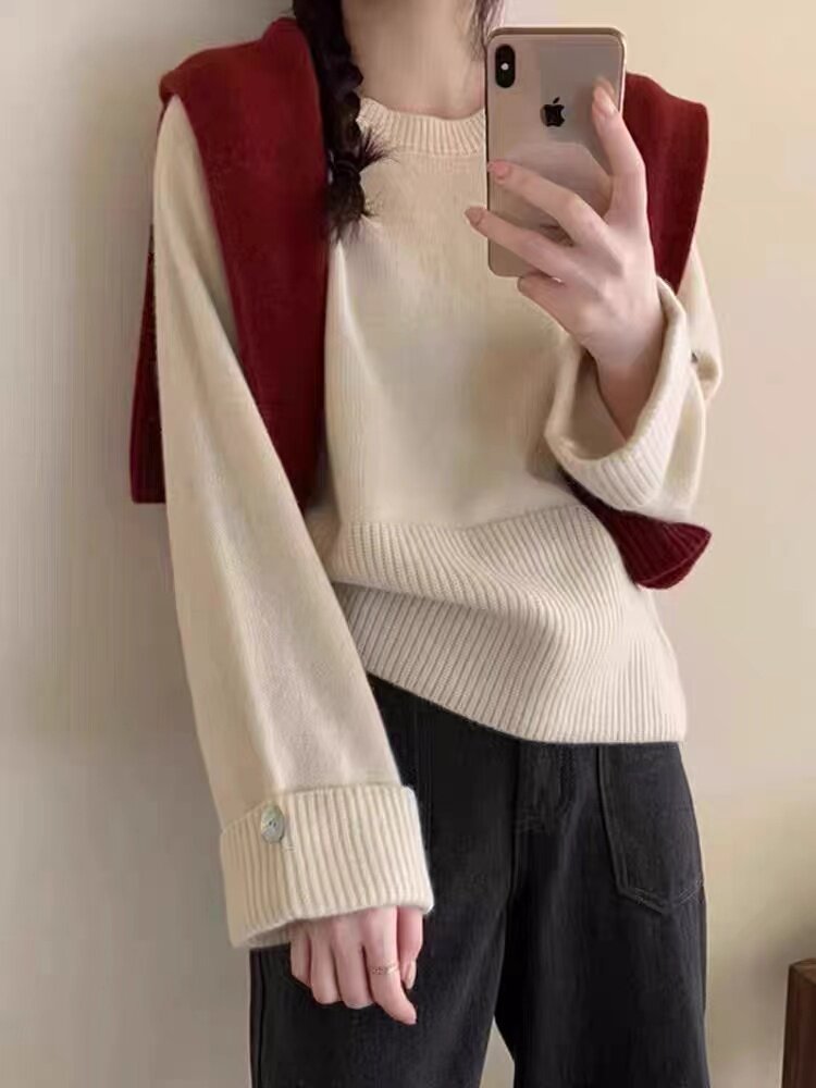 秋冬新款气质显瘦宽松袖子羊毛衫圆领套头女，女装羊毛衫，戎咖羊绒