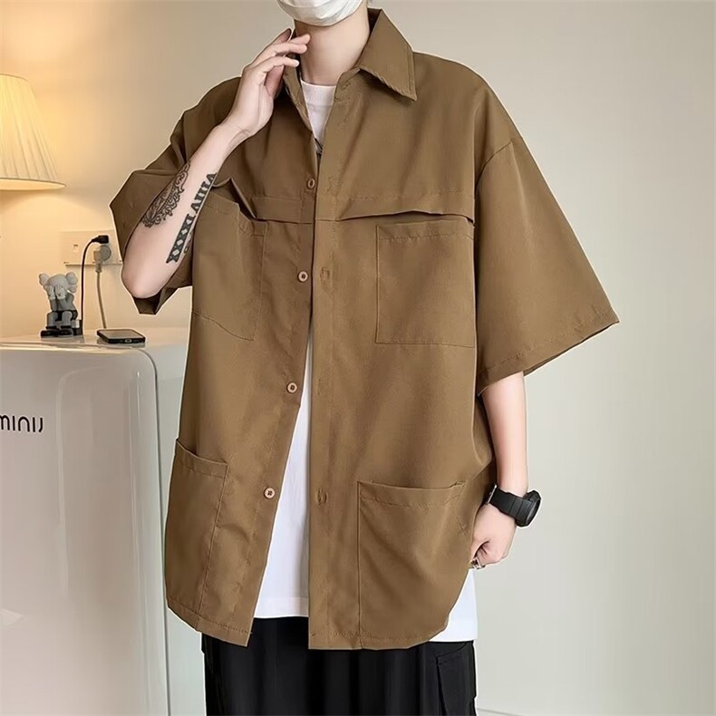工装衬衫男潮牌宽松痞帅多口袋夏季休闲纯色短袖衬衣CS34P33,男装衬衫,星座410-2