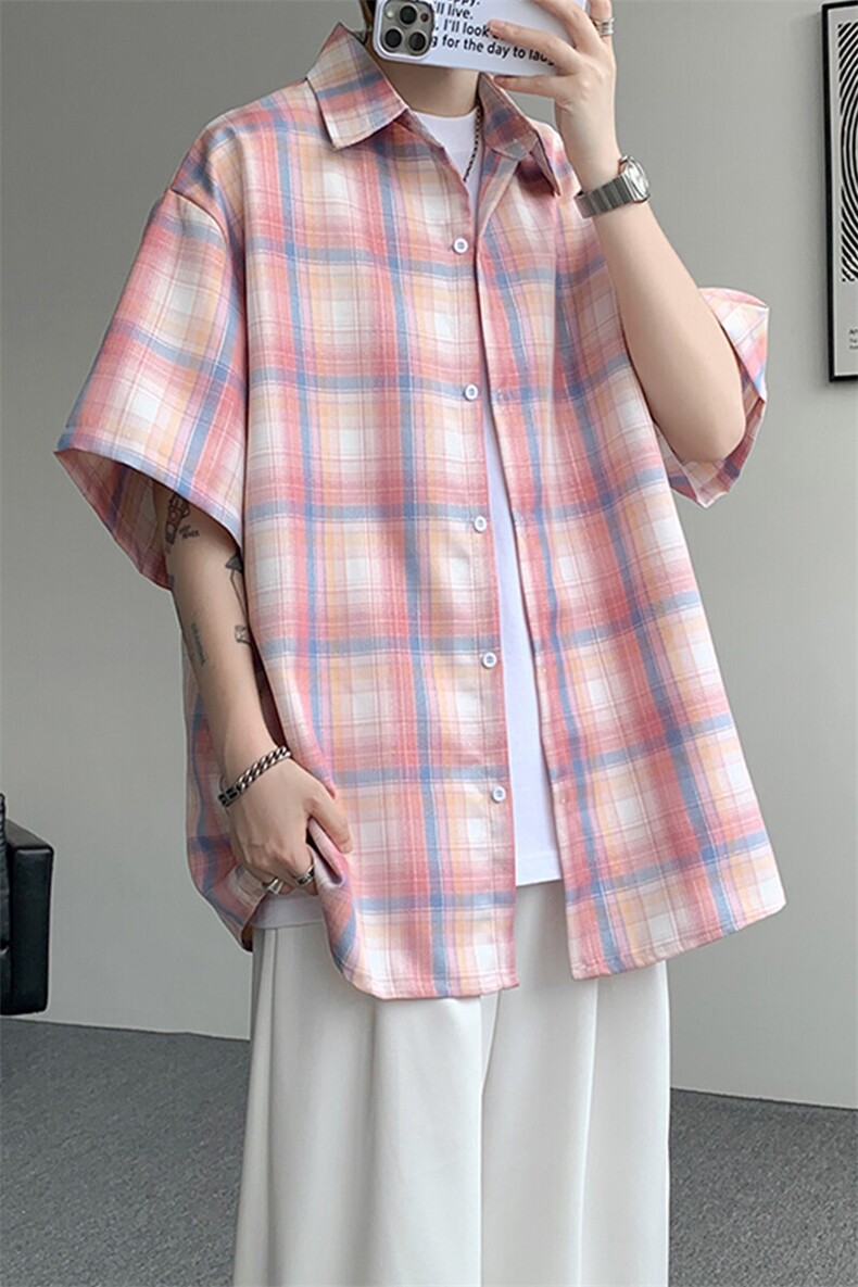 8XL-M格子短袖衬衫男夏季薄款DK制服衬衣JK学院风半袖外套DC28004,男装T恤,电商B312