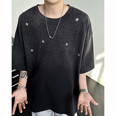 8XL-M满天星轻奢烫钻宽松版落肩纯棉短袖T恤新款夏百搭上衣DX337，男装T恤，电商D206-1