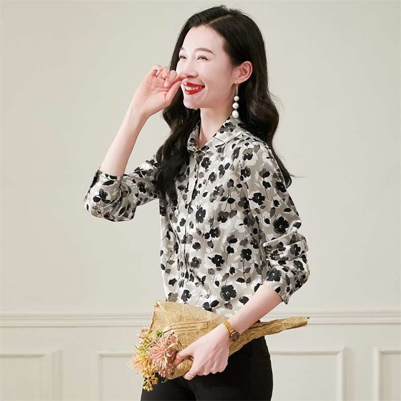 专柜品牌清仓印花雪纺衫女polo领长袖衬衫女春季上衣,女装衬衫,阿舍尔精品