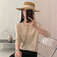 新款纯色v领单排扣针织衫时尚休闲百搭，女装针织衫/毛衣，优麦羊绒（原洪叶羊绒）