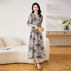 现货！2023新款夏季中长款连衣裙V领半袖裙子雅佳俏522#，女装连衣裙，雅佳俏