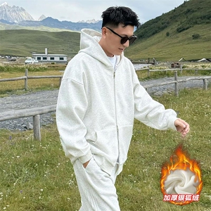 网图 新款480g重磅银狐绒双拉链连帽卫衣外套男W24581J加绒-特P40图片