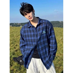 蓝色格子长袖衬衫男女款2026春夏秋季高级感格纹衬衣外套 CS380图片