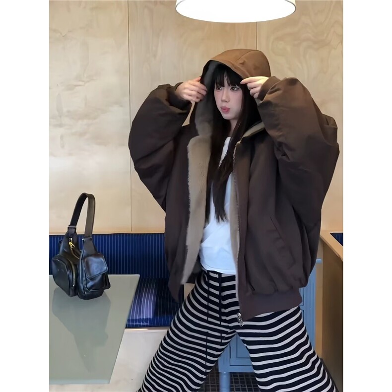 百搭慵懒座山雕仿兔毛双面穿棉服新款时尚潮流棉衣女LHT2822-P105图片