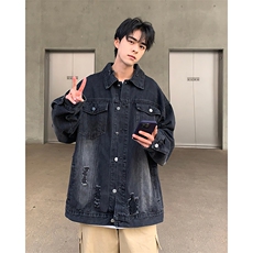 水洗做旧牛仔夹克男2024春季新款款潮流破洞美式复古痞帅休闲外套，男装夹克，星座410-6（原星座1304-1）