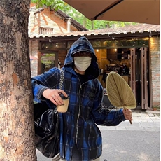C300-P53美式复古格子连帽长袖磨毛衬衫女宽松显瘦高街重磅衬衣，男装衬衫，电商B323A