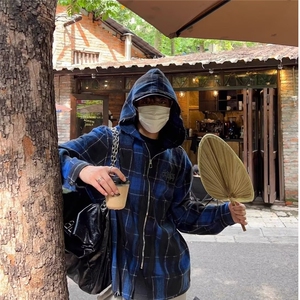 C300-P53 美式复古格子连帽长袖磨毛衬衫女宽松显瘦高街重磅衬衣图片