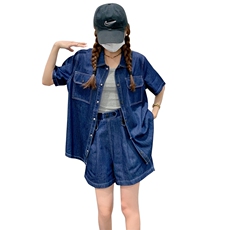 蓝色翻领牛仔短外套女2023春夏季新款韩版小个子炸街洋气时髦上衣，女装套装/套裙，菡迪欧娜