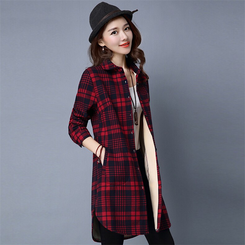 网红款加绒加厚格子衬衫女春秋季新款长袖韩版中长款宽松百搭外套，女装风衣，鑫鑫格