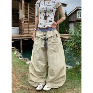 ZHL Studio美式辣妹嘻哈街舞拼接撞色多巴胺速干裤宽松阔腿休闲裤图片