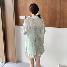 浅绿色提花防晒衫套装女小个子2025夏新款轻薄防晒衬衣短裤两件套，女装套装/套裙，2B237