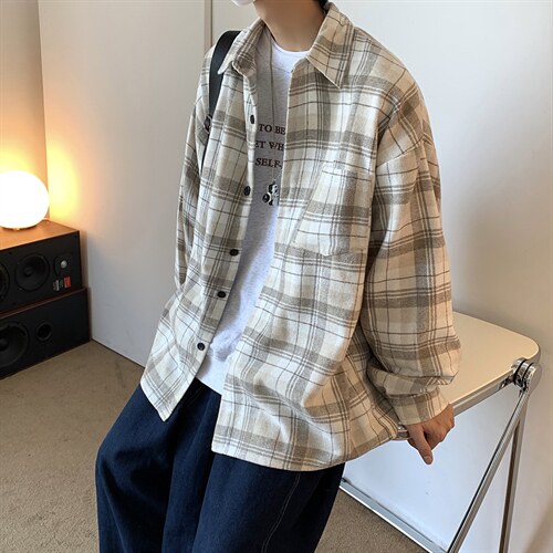 加厚衬衫男士长袖秋季潮流宽松衬衣ins日系港风秋装外套DX157P60，男装衬衫，电商B413-1